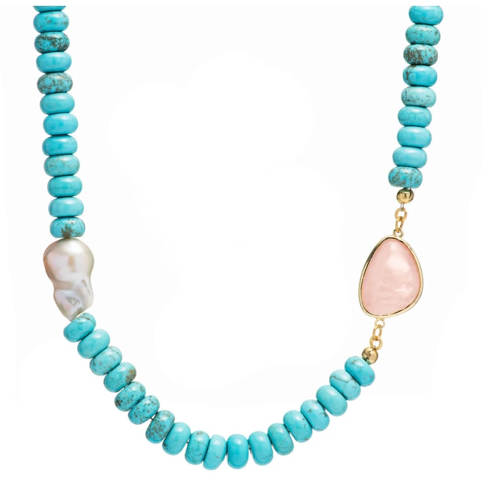 Turquoise Beaded Necklace with Pearl and Pink Stone(015)01